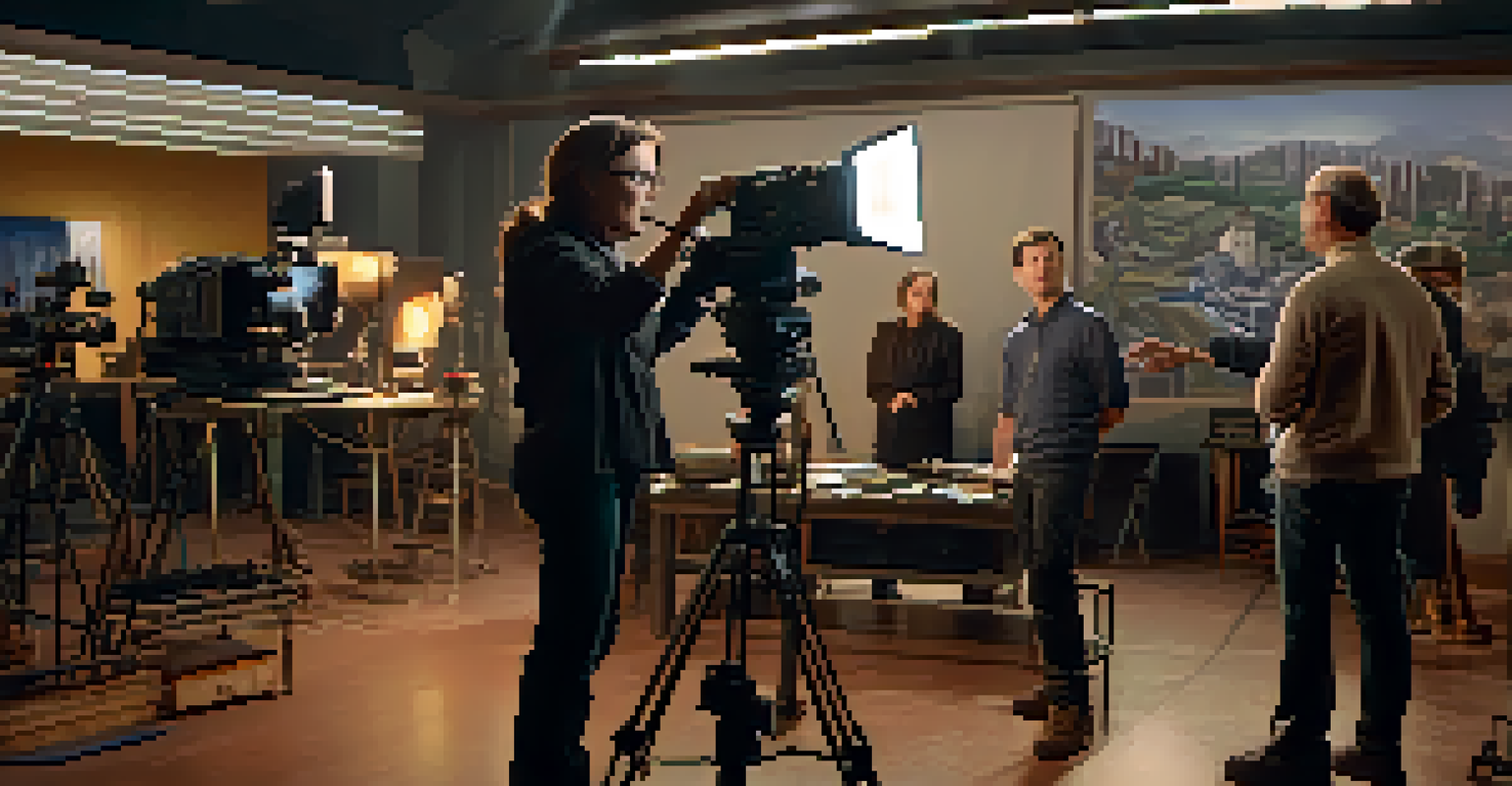 A director and cinematographer collaborating on a film set, with a warm atmosphere and crew adjusting lights in the background.
