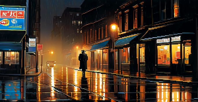 A dark urban street at night with a figure in a trench coat under a street lamp, illuminated by neon reflections on wet pavement.