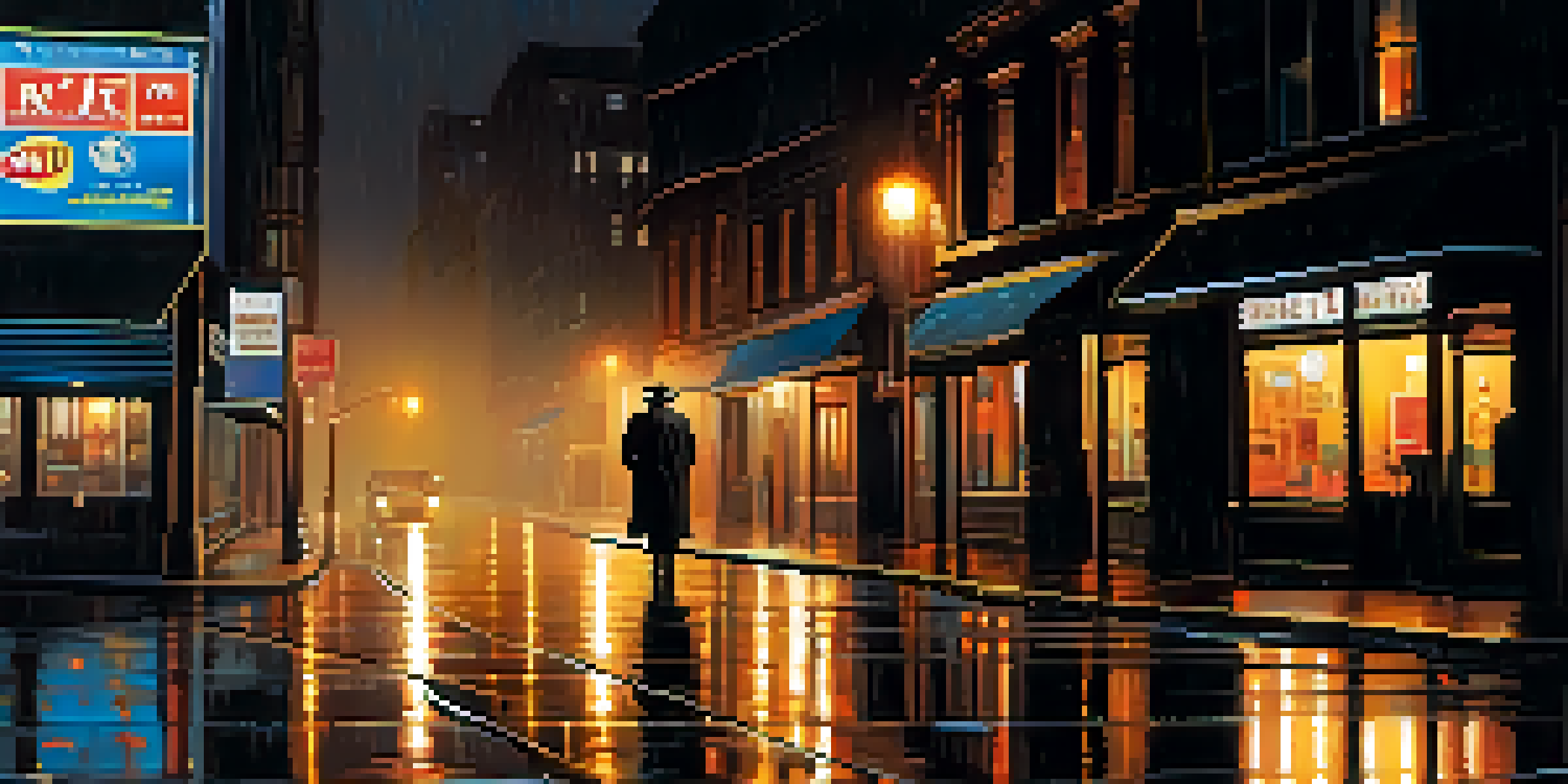 A dark urban street at night with a figure in a trench coat under a street lamp, illuminated by neon reflections on wet pavement.