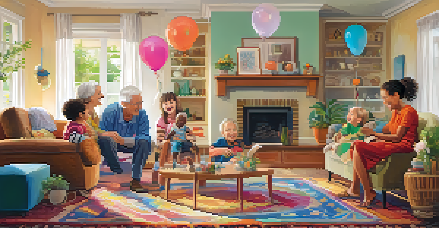 A joyful family gathering in a living room, with a grandmother telling stories to her grandchildren.