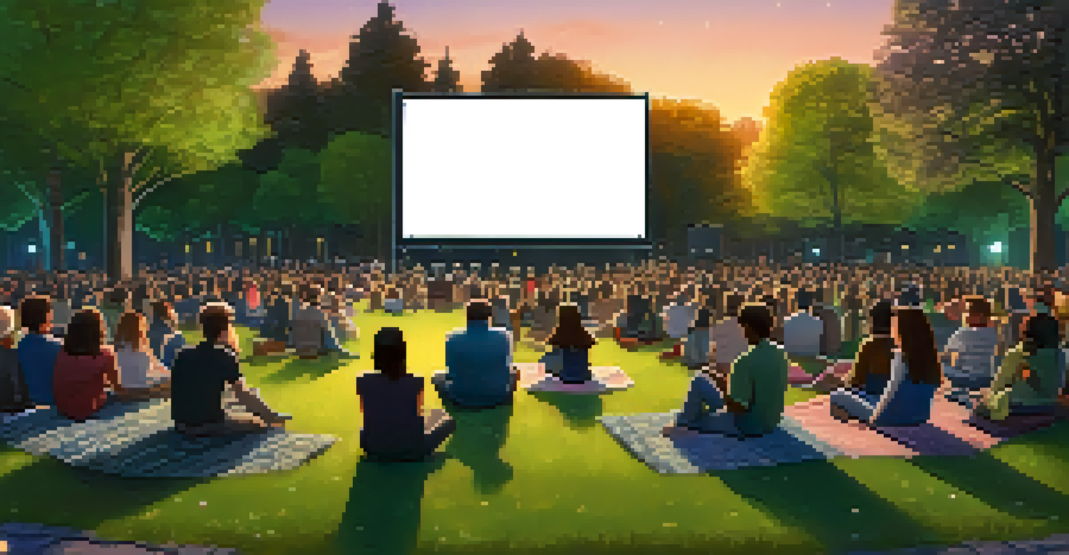 An outdoor film screening event in a park at twilight with a diverse audience watching a film about gender diversity, illuminated by fairy lights.