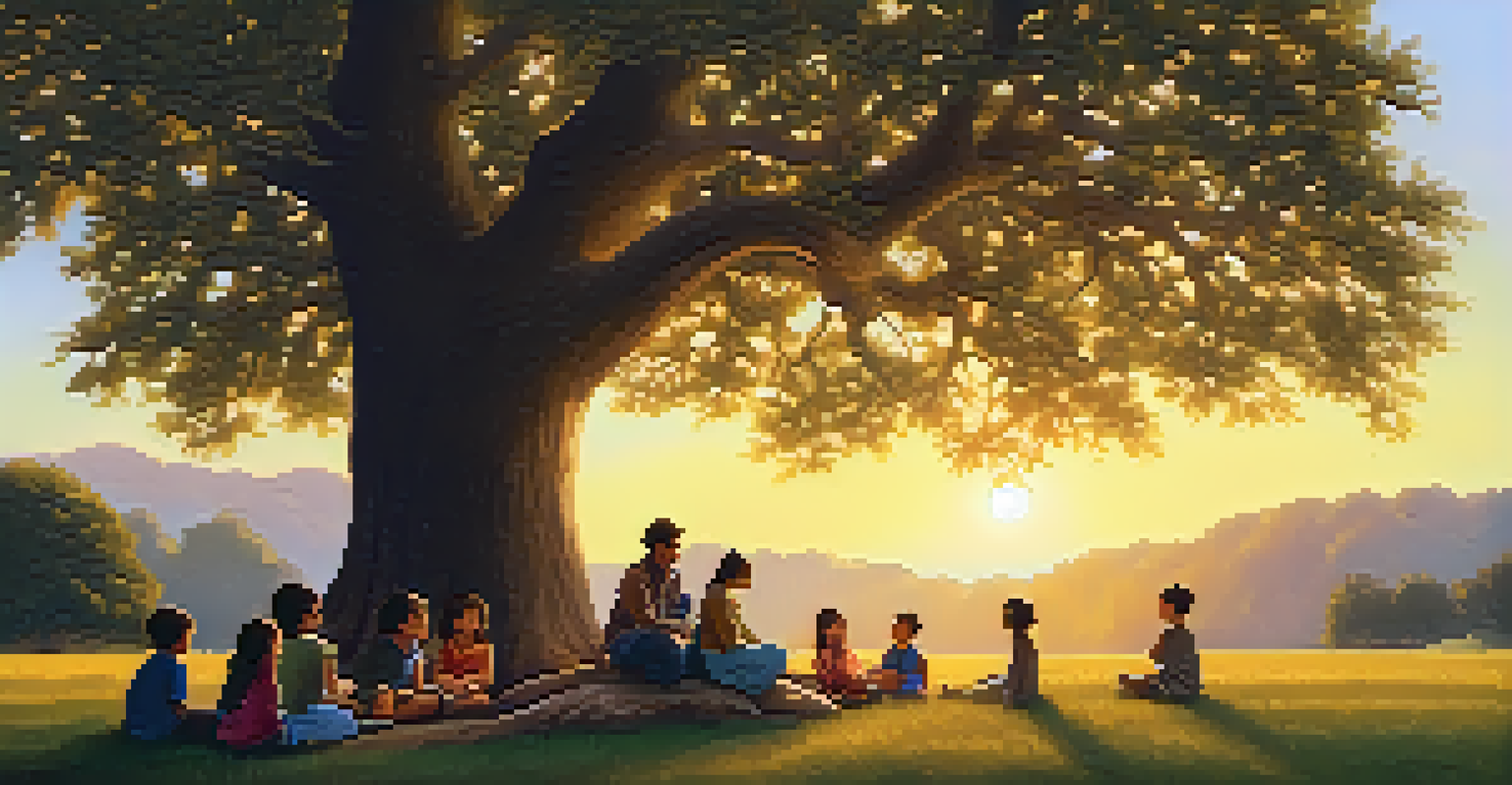 A storyteller under a large tree sharing stories with children, illuminated by the golden hue of the setting sun.