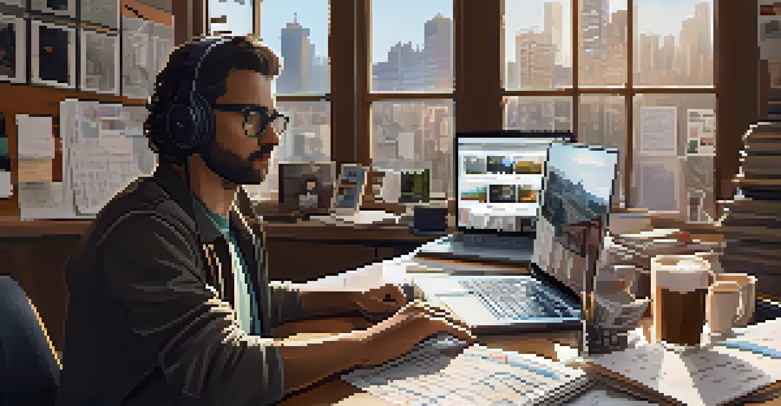 A filmmaker editing a documentary on a laptop in a cozy workspace, with notes and storyboards around, illuminated by natural light.
