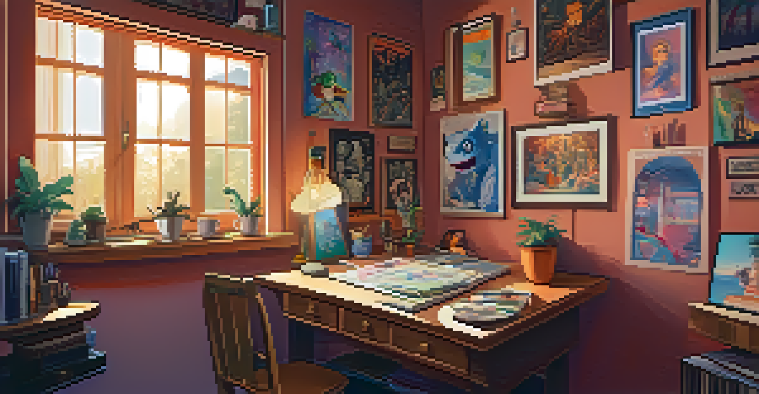 A cozy art corner showcasing fan art of cult classic characters, with colorful illustrations on the walls and art supplies on a table, illuminated by warm light.