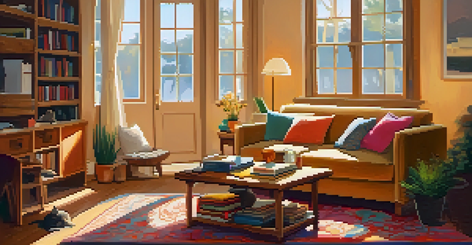 A cozy living room with sunlight streaming through a window, a sofa with colorful pillows, a coffee table with books and a cup of tea, and a cat lounging on the carpet.