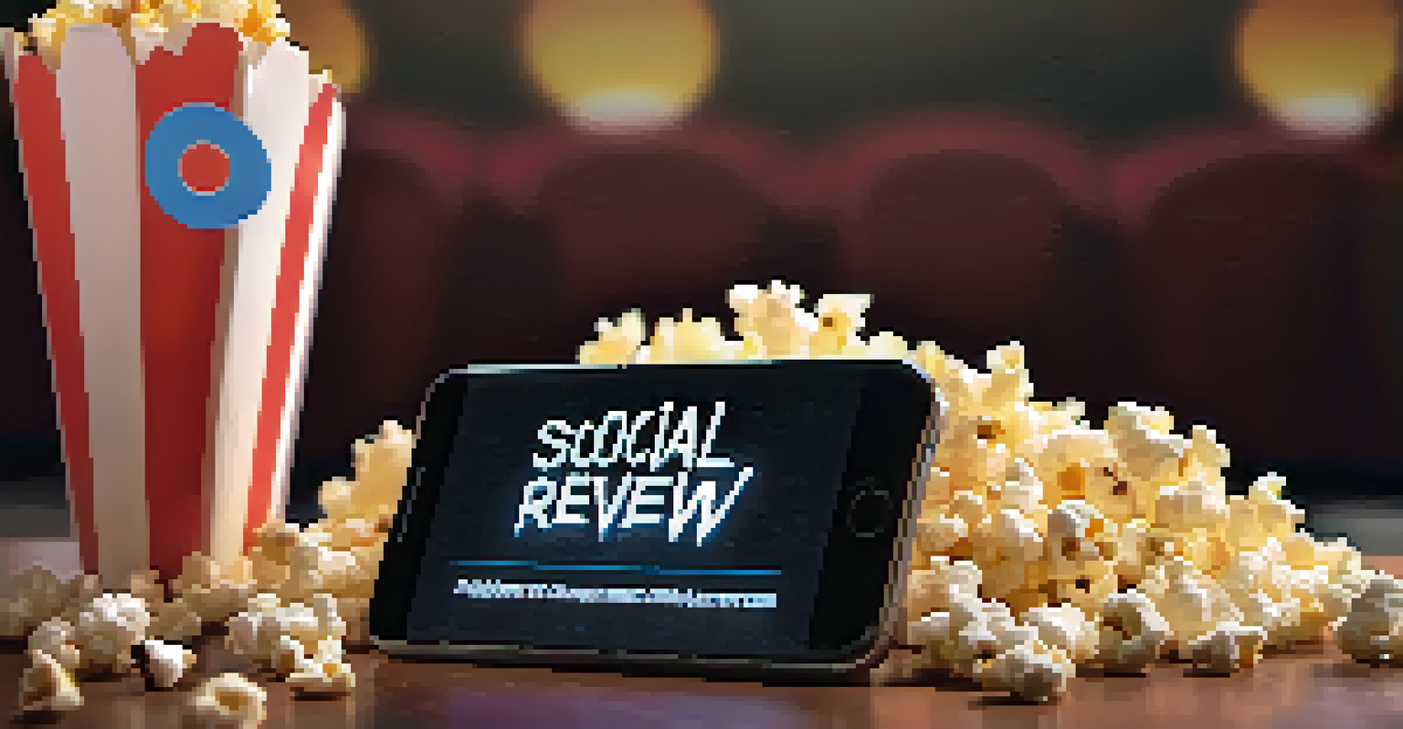 A close-up of a smartphone with a film review on a social media app, surrounded by popcorn and a movie ticket.