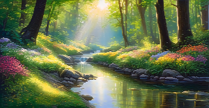 A magical forest with golden sunlight, colorful flowers, and a sparkling stream, inviting exploration.