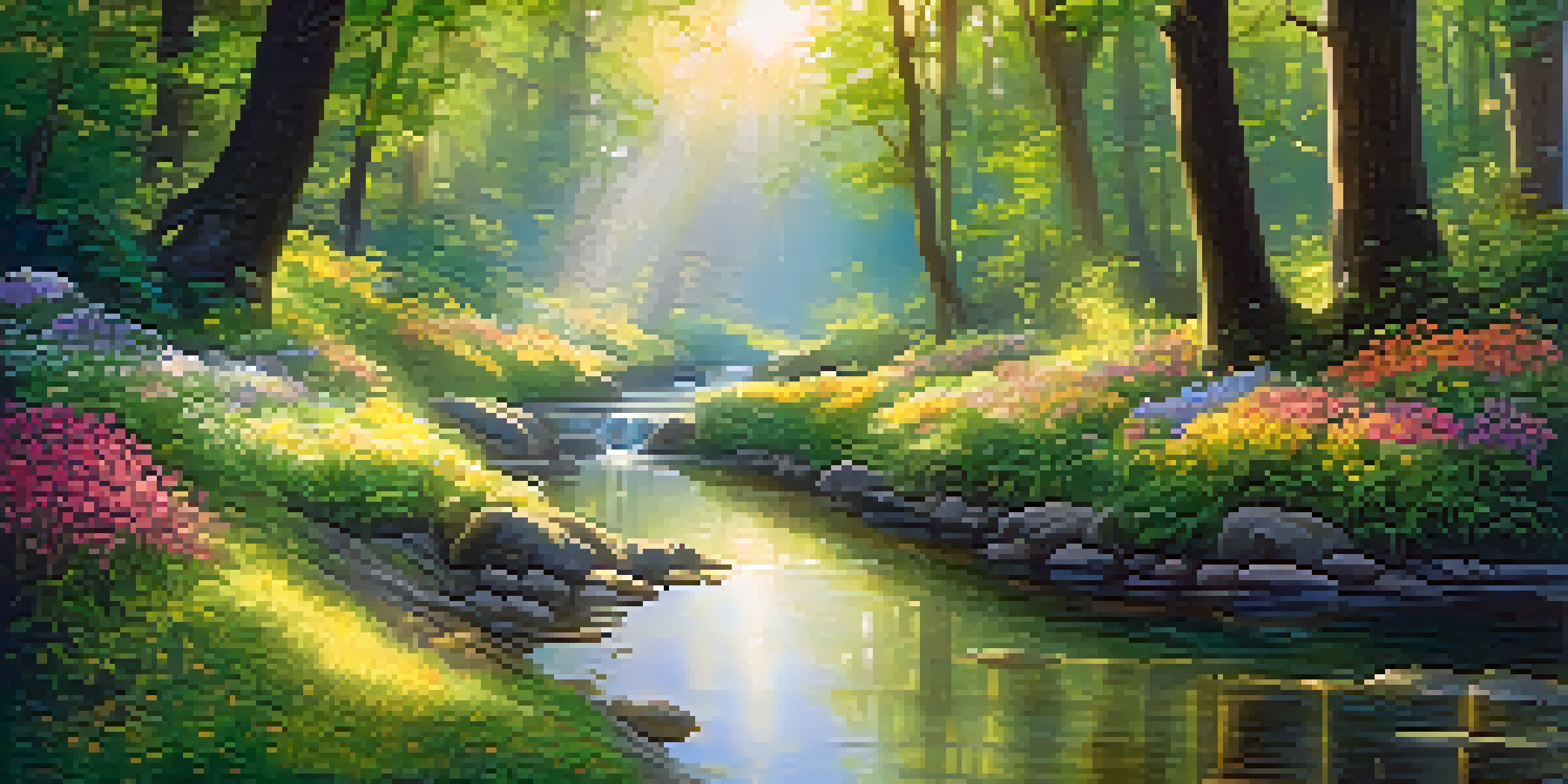 A magical forest with golden sunlight, colorful flowers, and a sparkling stream, inviting exploration.