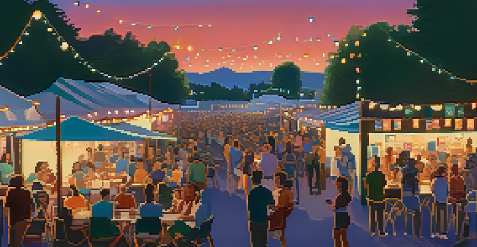 An outdoor film festival scene at dusk with colorful lights and a large screen showing a movie.