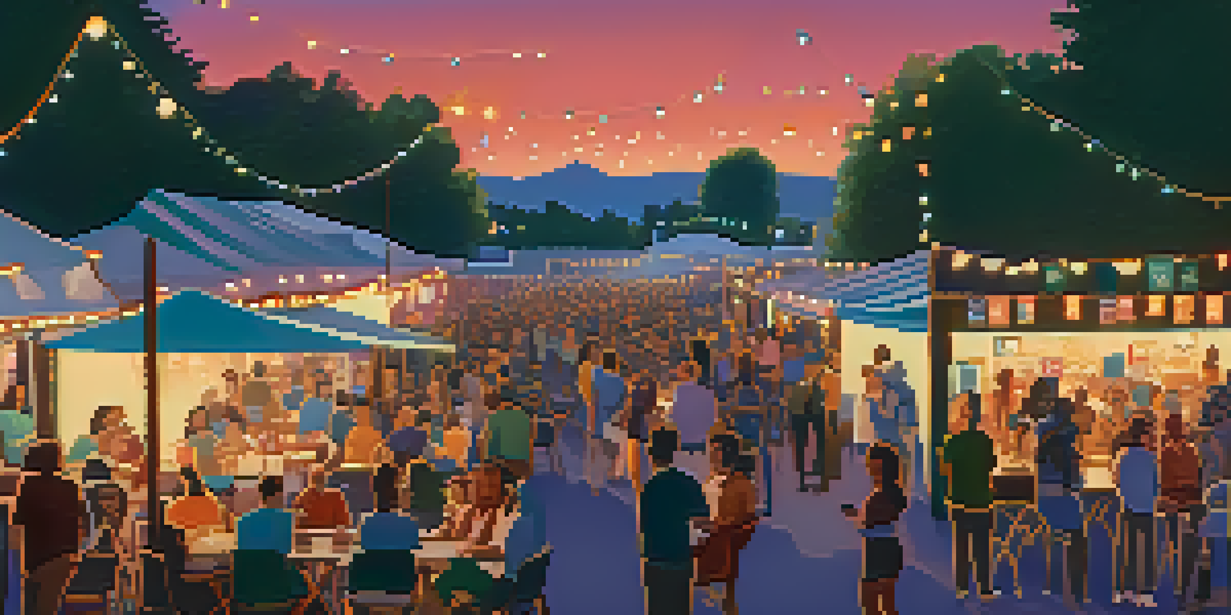 An outdoor film festival scene at dusk with colorful lights and a large screen showing a movie.