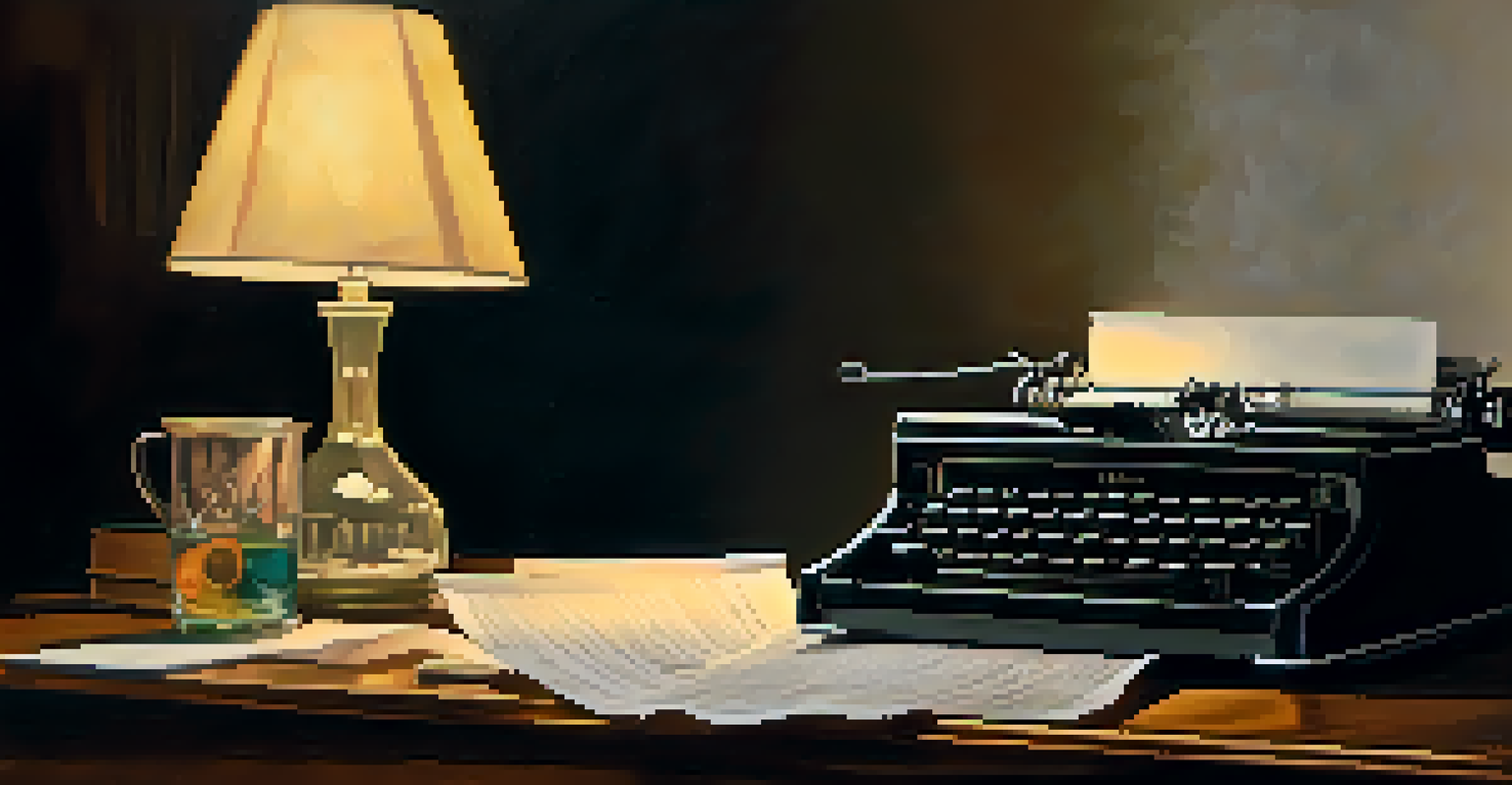 Close-up of hands typing on a vintage typewriter amidst crumpled paper and soft lamp light.