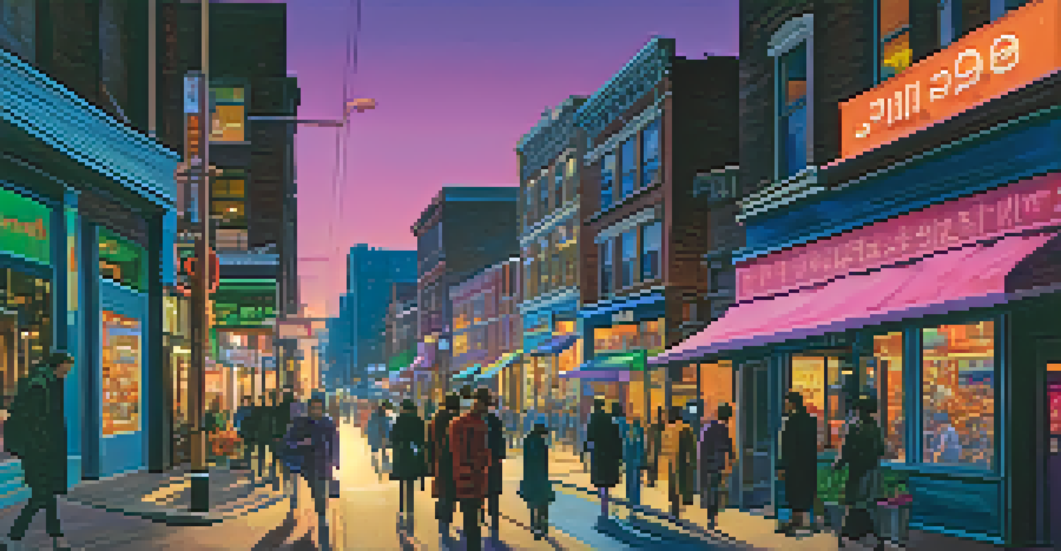 A lively city street at night with neon lights, people walking, and a sunset sky.