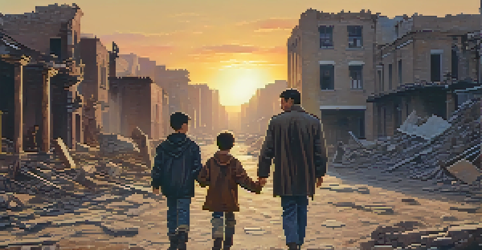 A father and son walking through a ruined city, holding hands, with crumbling buildings in the background and a warm sunset light.