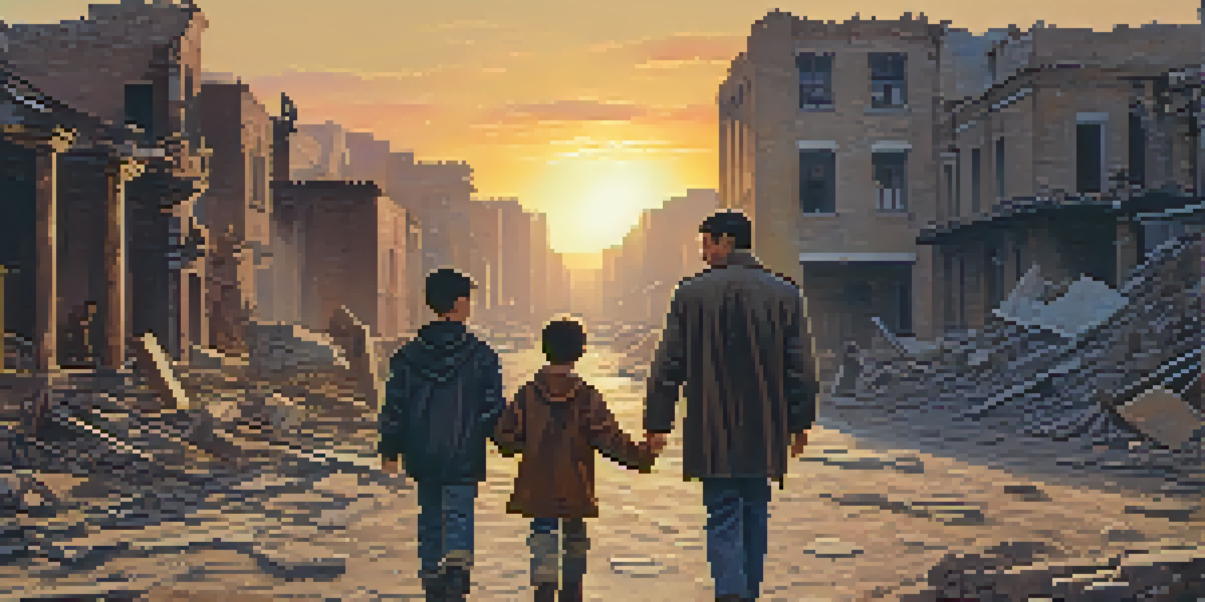 A father and son walking through a ruined city, holding hands, with crumbling buildings in the background and a warm sunset light.