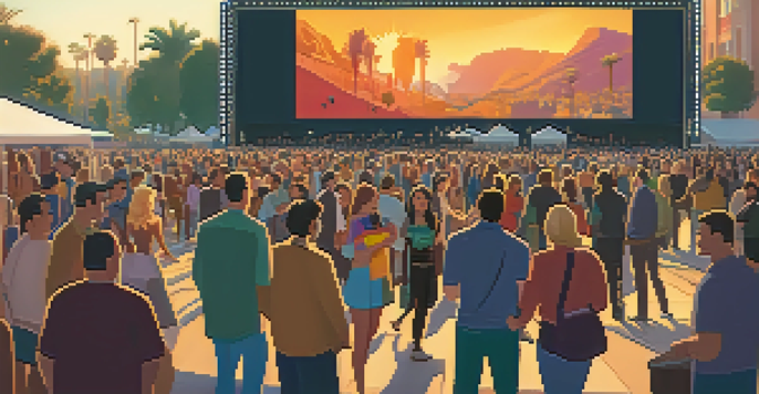 A vibrant outdoor scene at AFI Fest in Los Angeles, showcasing a diverse crowd of film enthusiasts enjoying the festival with banners and a large screen in the background during sunset.