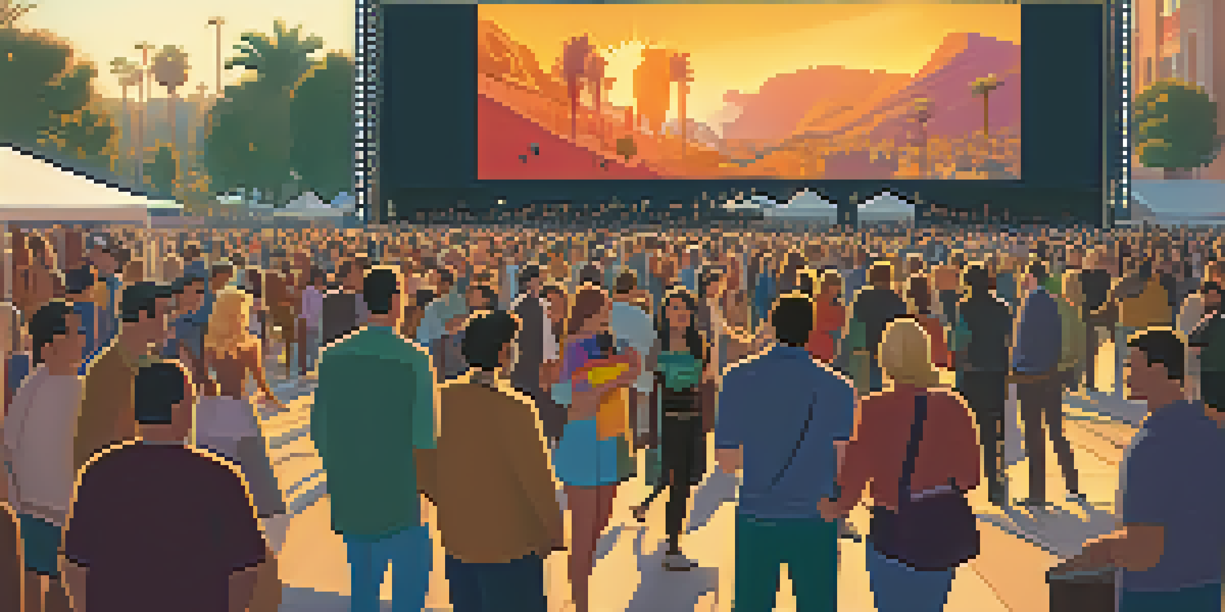 A vibrant outdoor scene at AFI Fest in Los Angeles, showcasing a diverse crowd of film enthusiasts enjoying the festival with banners and a large screen in the background during sunset.