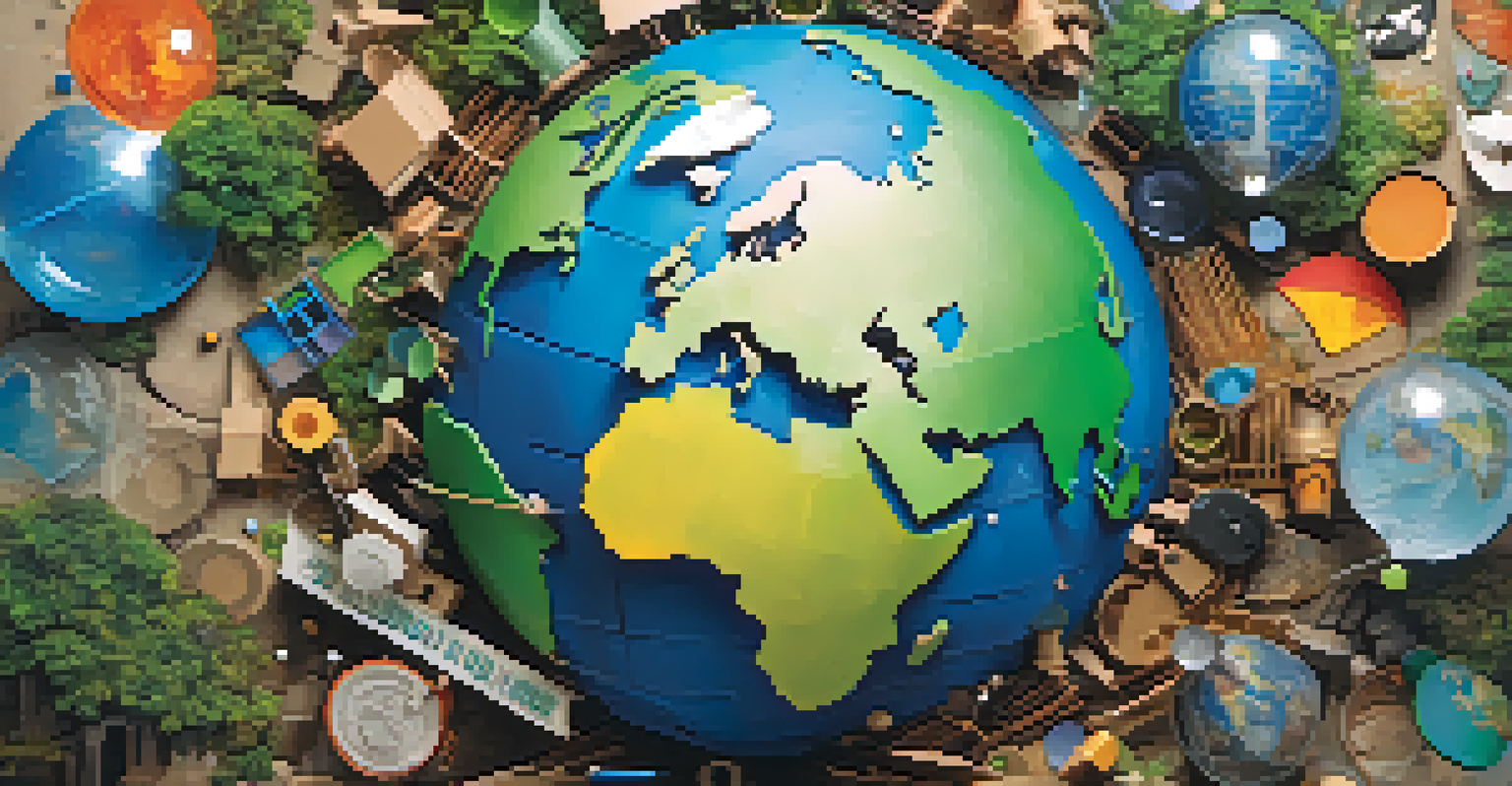 A globe surrounded by recycling symbols, showcasing vibrant ecosystems, on a textured recycled paper background.
