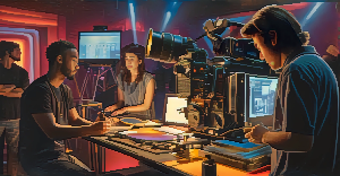 A film production set with a producer, director, and crew members collaborating, featuring a large camera and colorful lighting equipment.