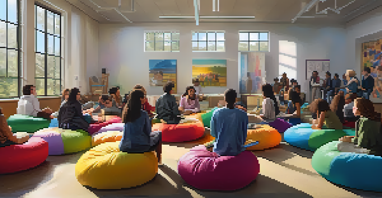 A diverse group of students watching a documentary in a bright classroom, seated in a circle on colorful bean bags, looking engaged.