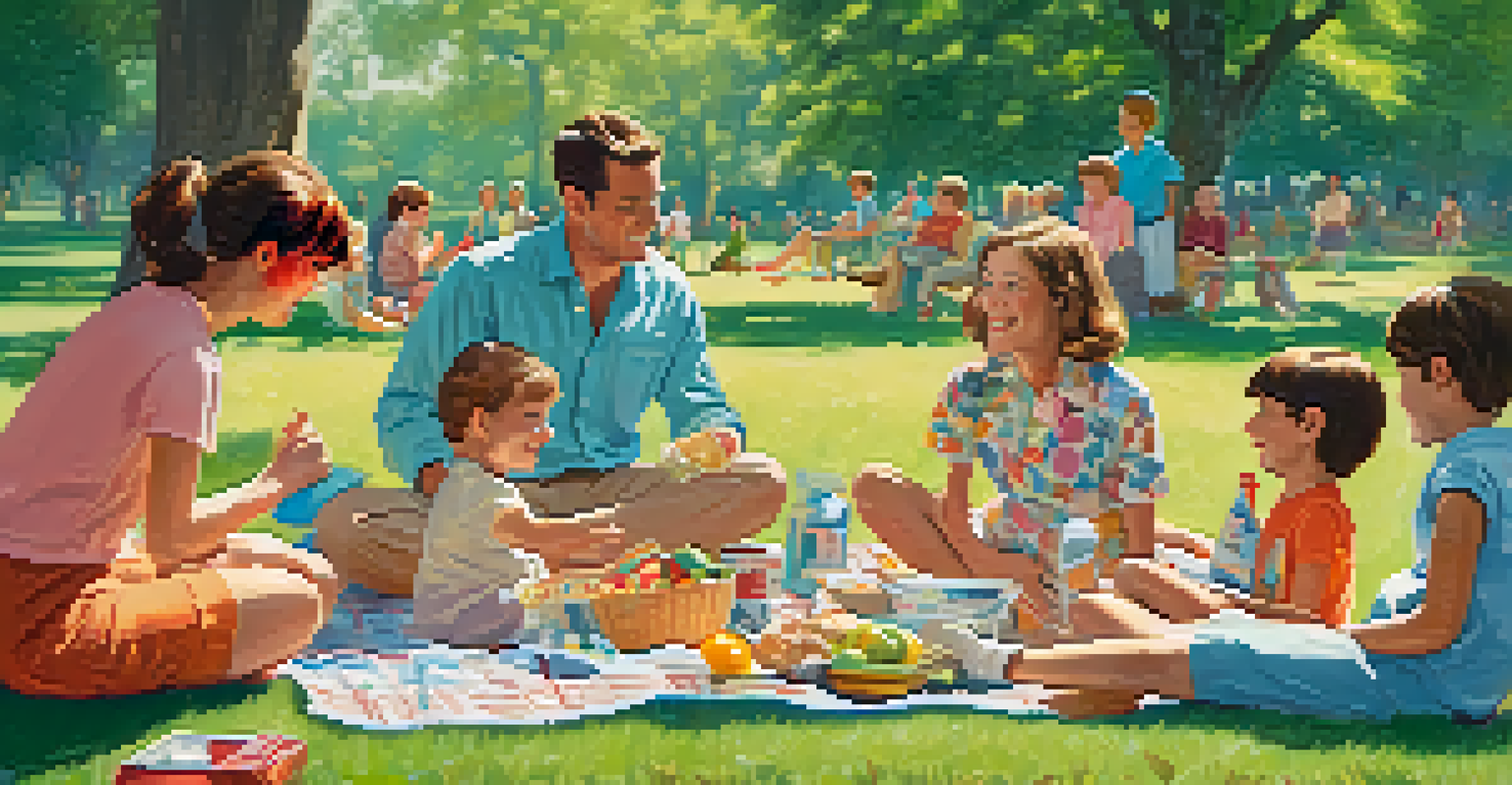 A 1960s picnic with diverse families enjoying food and laughter in a sunny park.