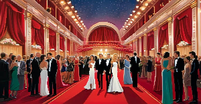 A lively red carpet event with celebrities in glamorous outfits, surrounded by photographers and a decorated venue.