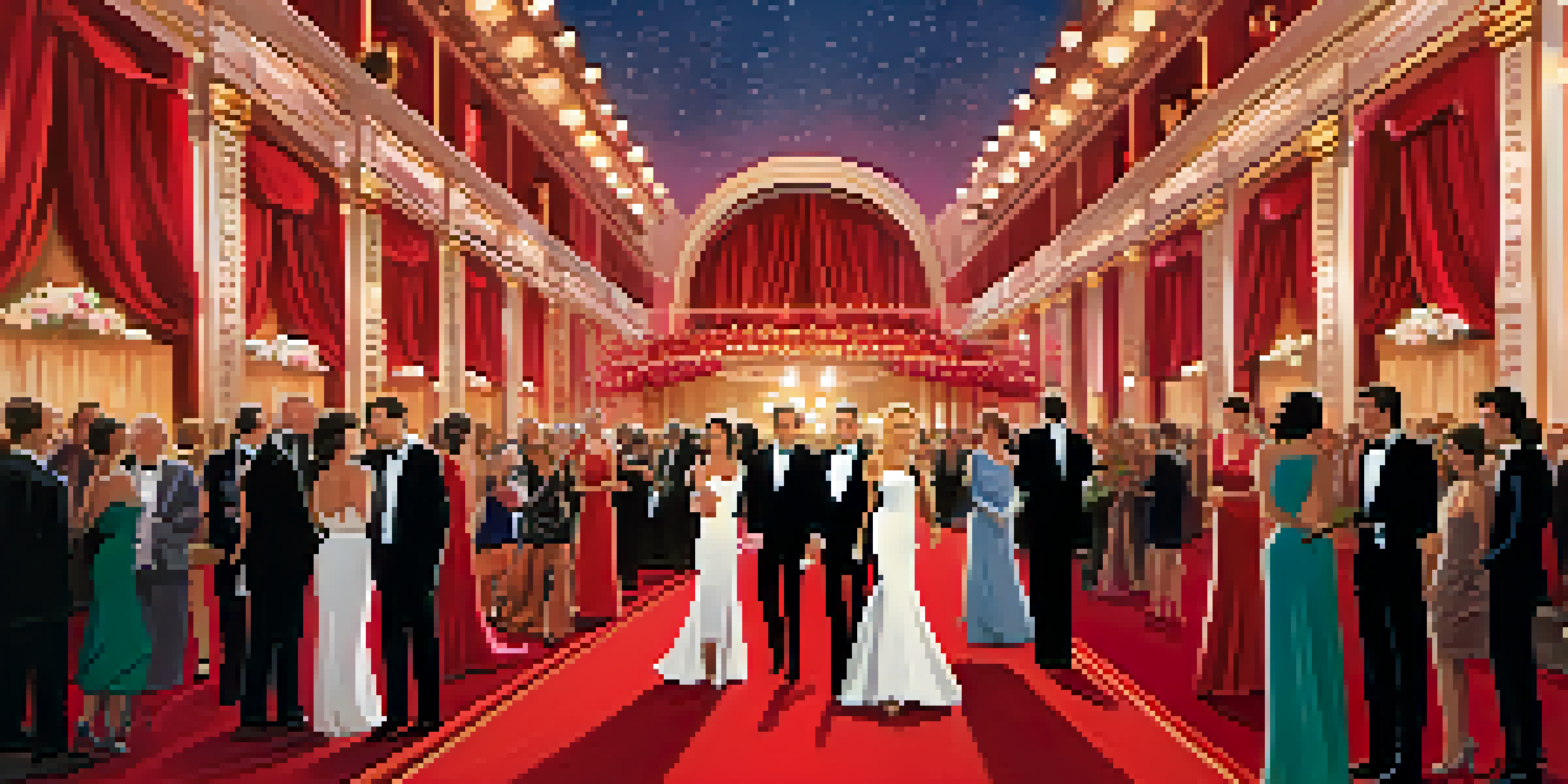 A lively red carpet event with celebrities in glamorous outfits, surrounded by photographers and a decorated venue.