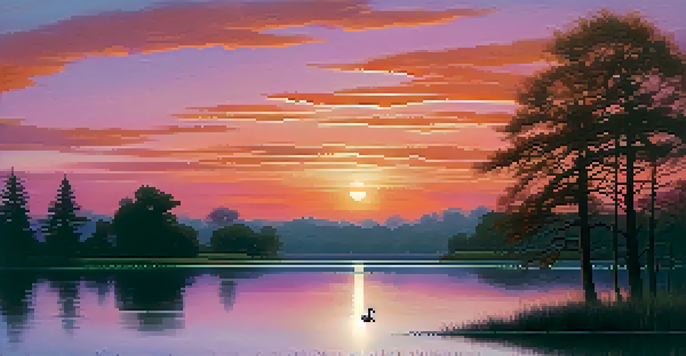 A twilight landscape with a calm lake reflecting a colorful sunset and a swan gliding on the water.