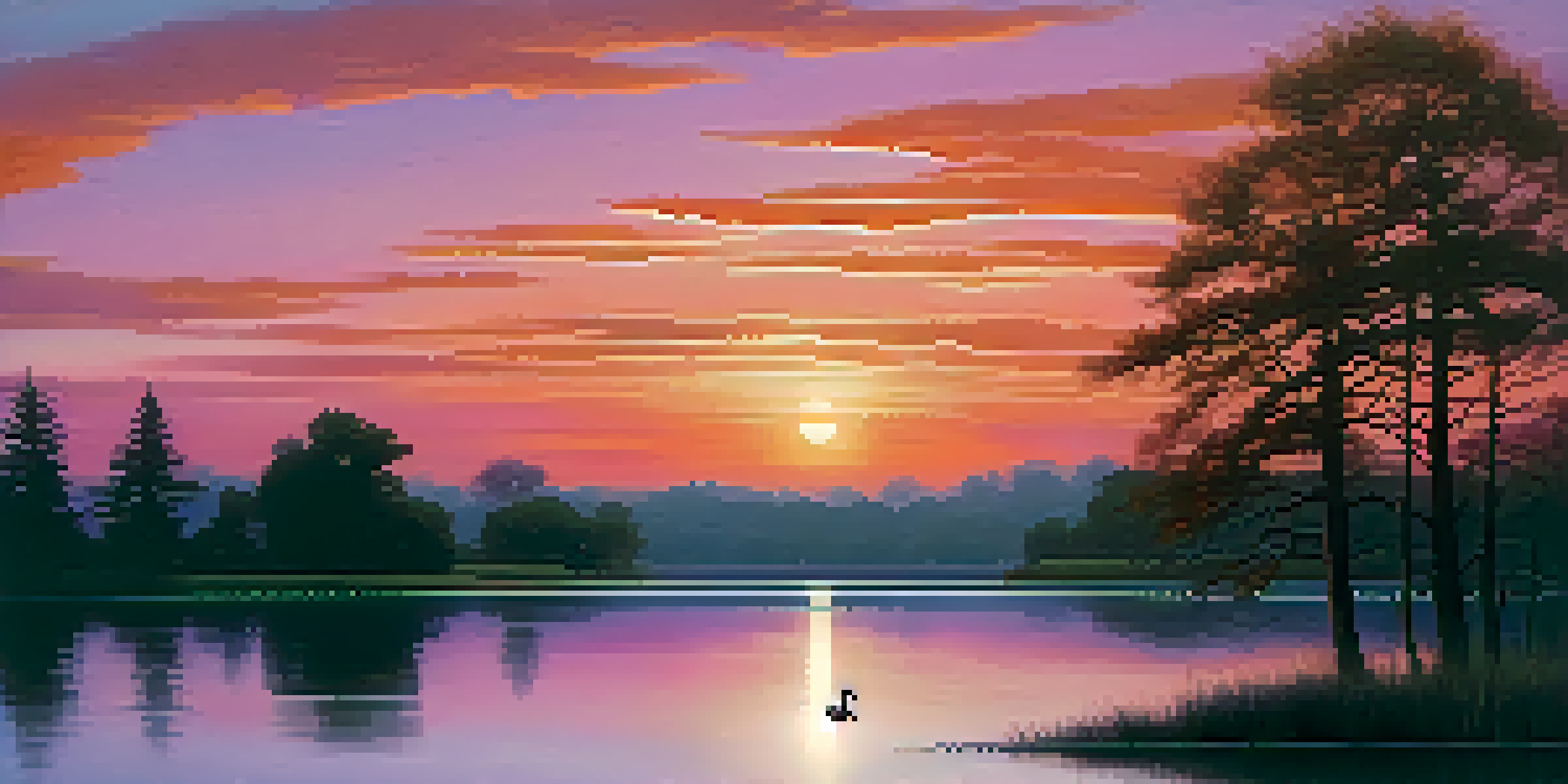 A twilight landscape with a calm lake reflecting a colorful sunset and a swan gliding on the water.