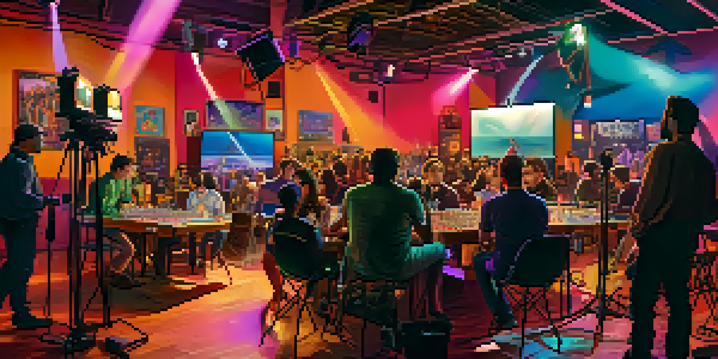 A vibrant film set with diverse filmmakers and musicians, colorful lights, and a large screen displaying a dramatic scene.