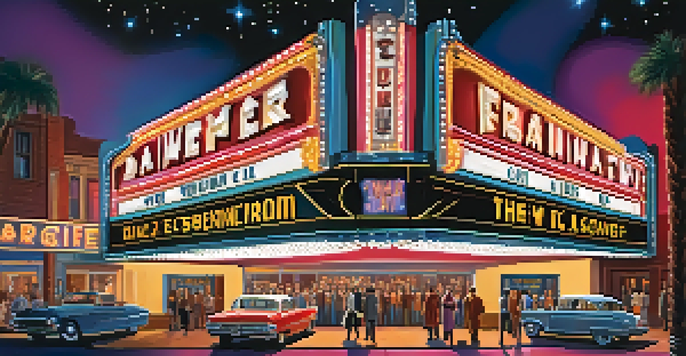 A brightly lit movie theater marquee at night with a crowd of fans in colorful costumes, celebrating a cult classic film screening.
