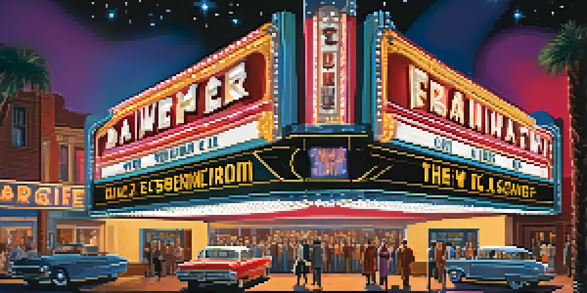 A brightly lit movie theater marquee at night with a crowd of fans in colorful costumes, celebrating a cult classic film screening.