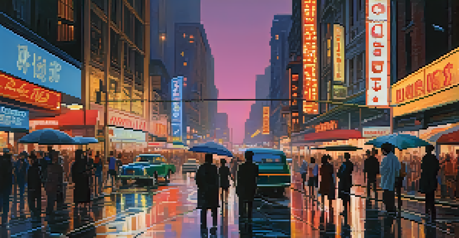 A busy city street at dusk with people from various backgrounds, illuminated by neon signs reflecting on the wet pavement.