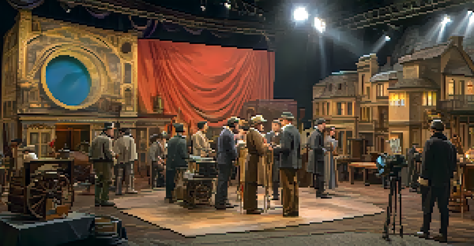 Actors in costume on a film set with a historical backdrop, surrounded by crew members adjusting lights, creating a lively and creative atmosphere.