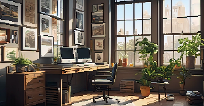 A film production office with storyboards on the walls and sketches on a table, illuminated by warm sunlight.