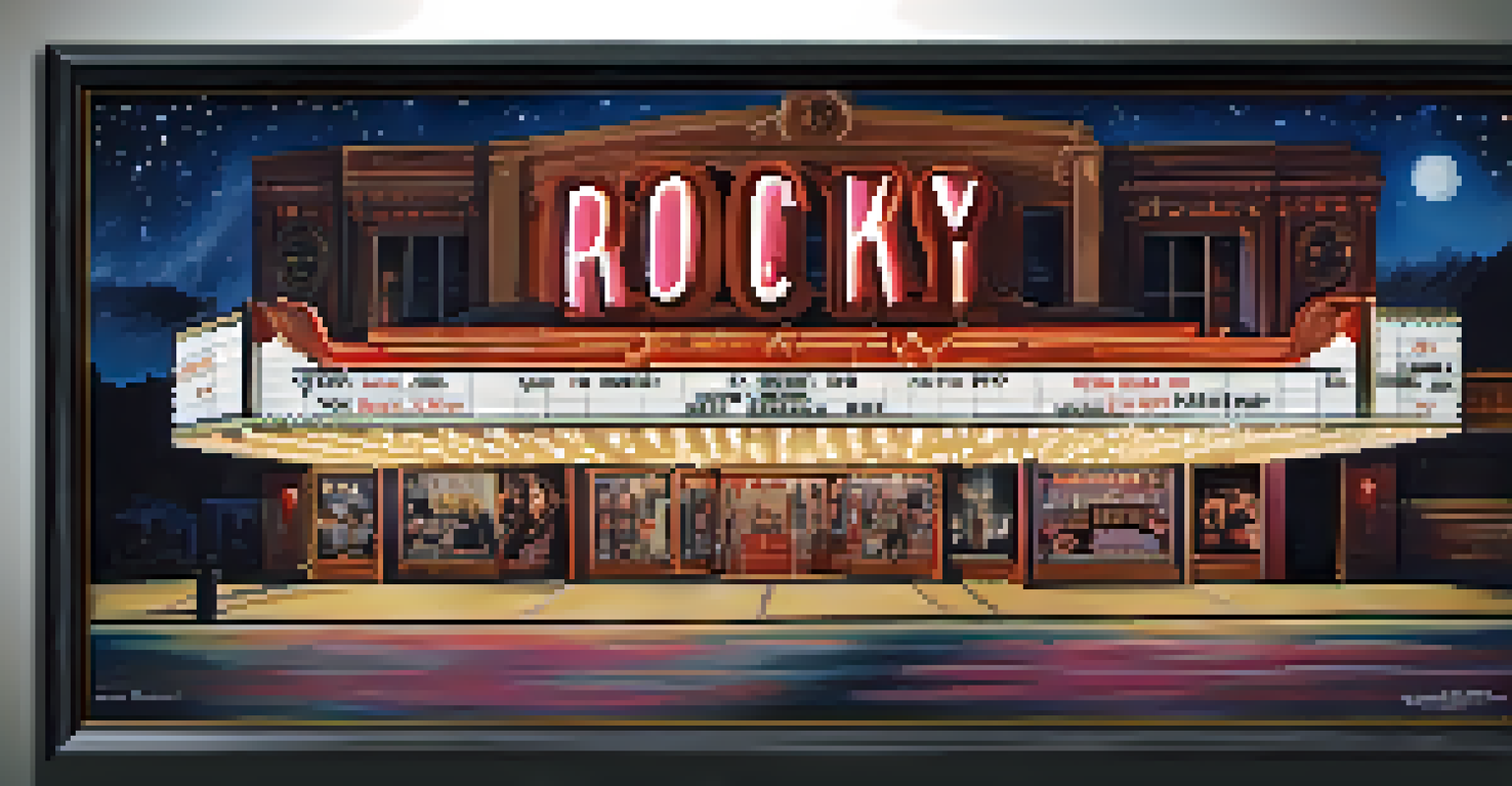 A vintage cinema marquee lit up at night, displaying titles of cult films in neon lights.