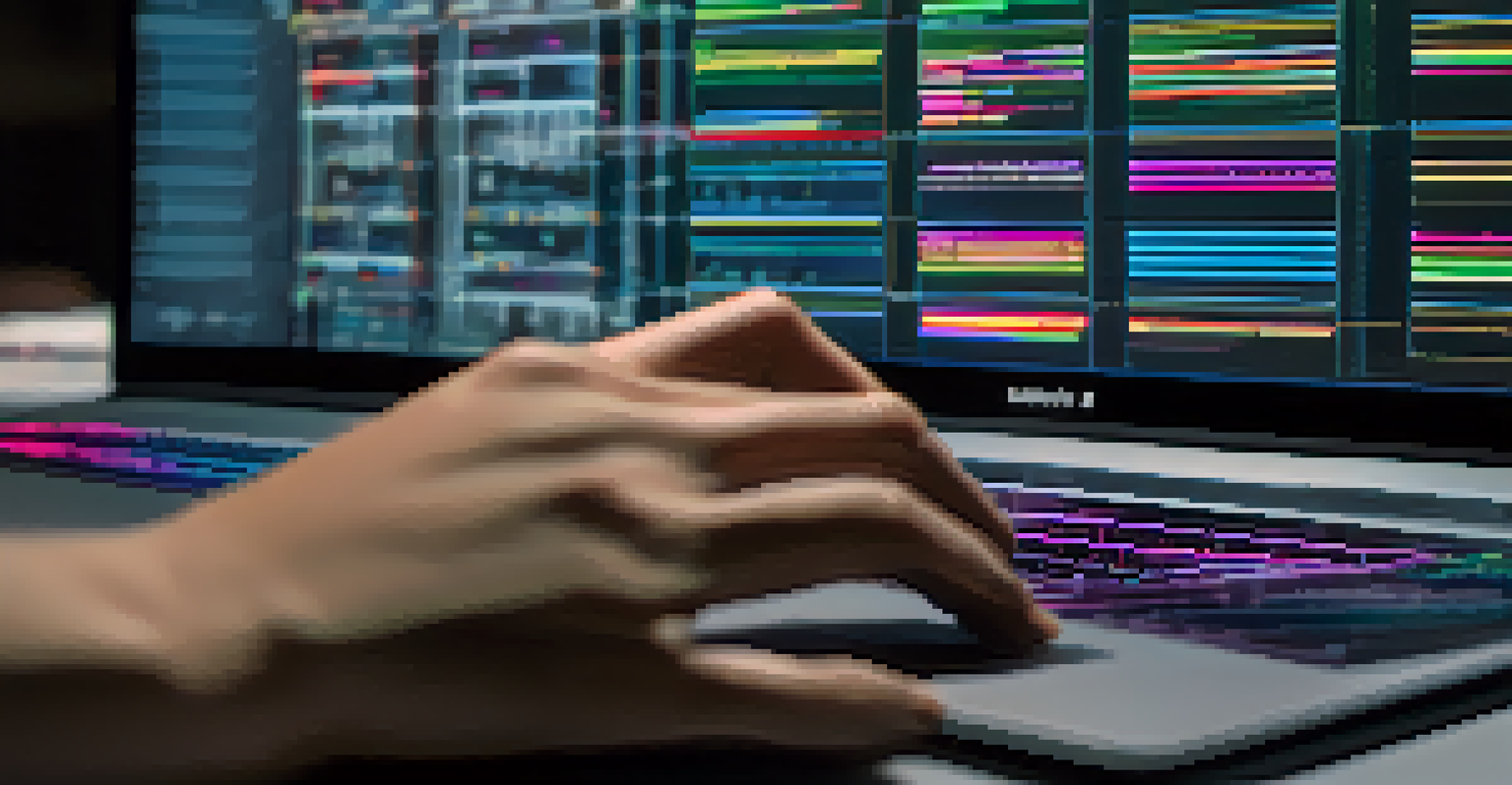 Close-up of a film editor's hands working on a digital editing software interface with colorful clips on the screen.