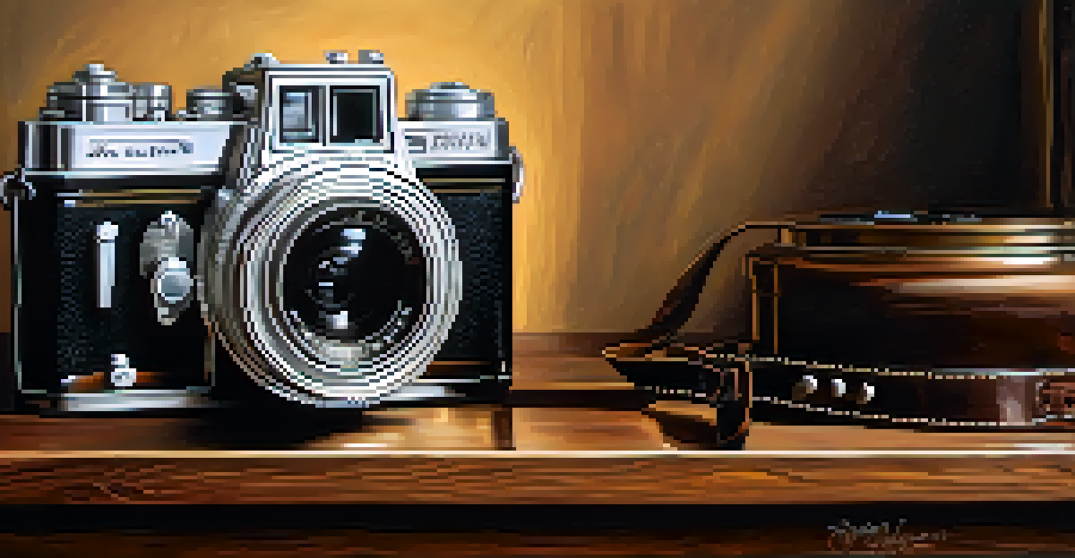 A close-up of a vintage camera on a wooden table, illuminated with warm light and accompanied by a film reel.