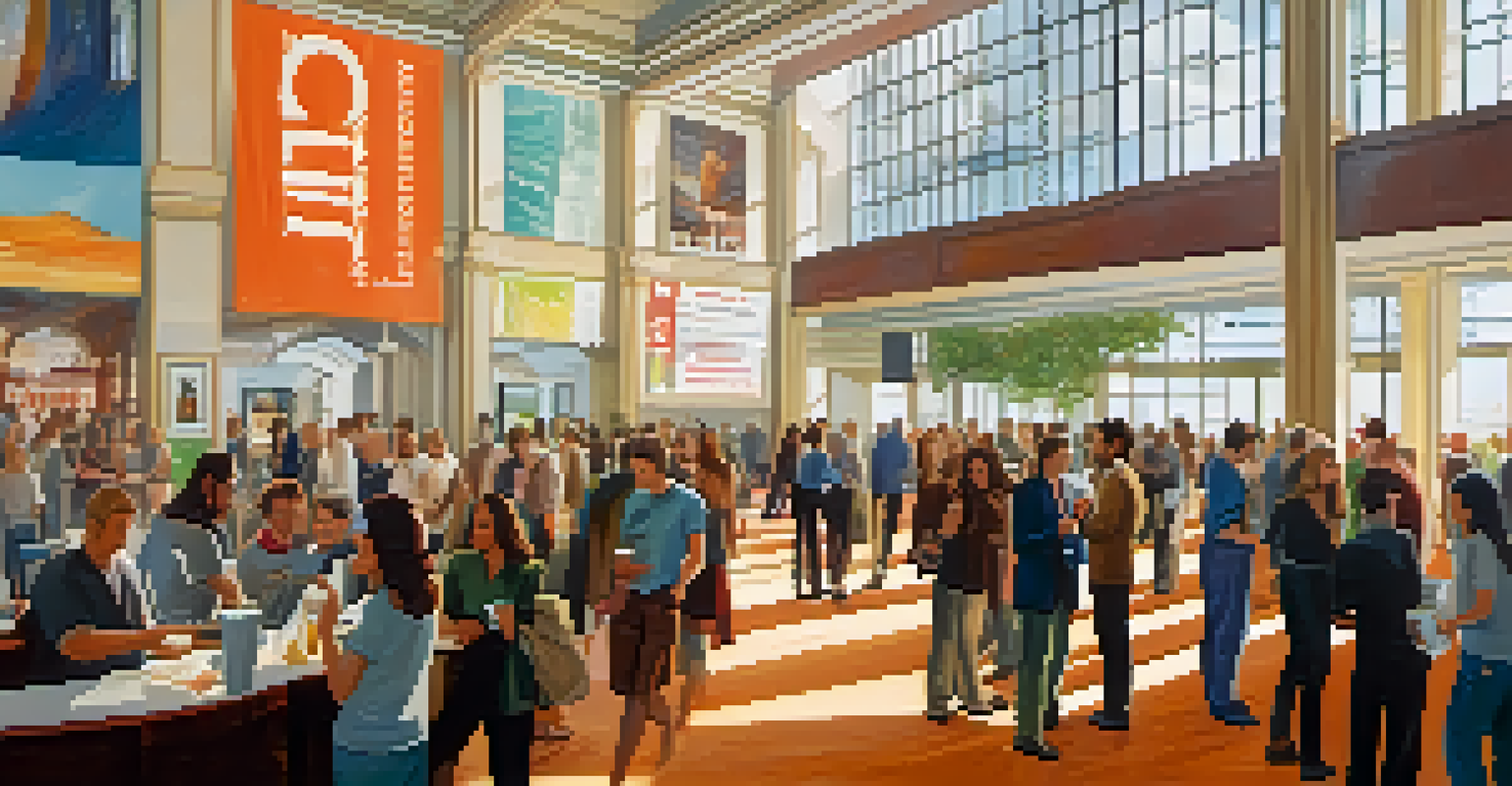 A busy film festival lobby where attendees are networking and discussing projects, surrounded by film banners and bright natural light.