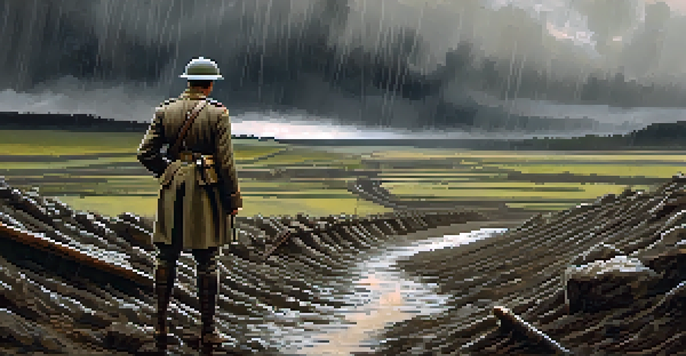 A soldier in a muddy trench during World War I, rain falling and dark clouds above, reflecting a somber mood.