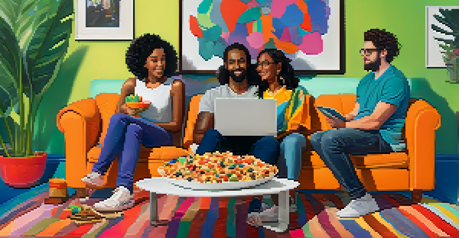 A group of friends enjoying a movie night together on a couch, surrounded by colorful cushions and snacks.