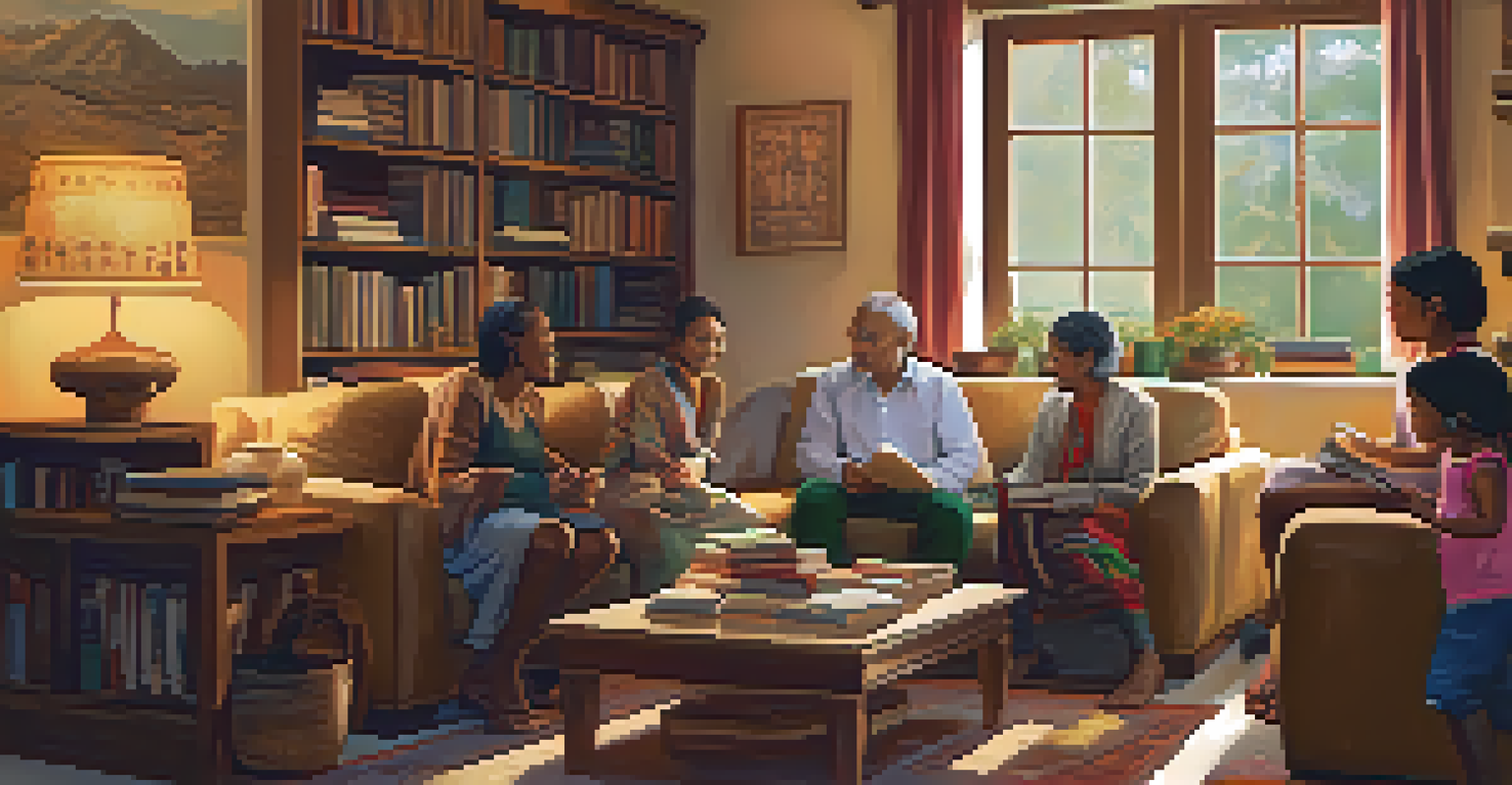 A diverse family enjoying storytelling together in a cozy living room, warmly lit with cultural artifacts in the background.