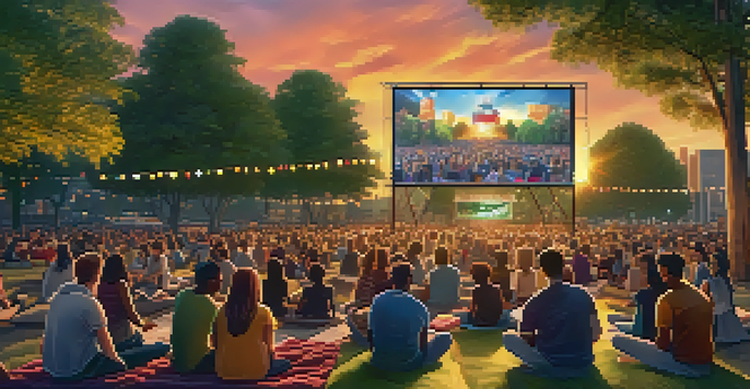 A lively outdoor movie screening with diverse attendees enjoying a vibrant animated film under a warm sunset.