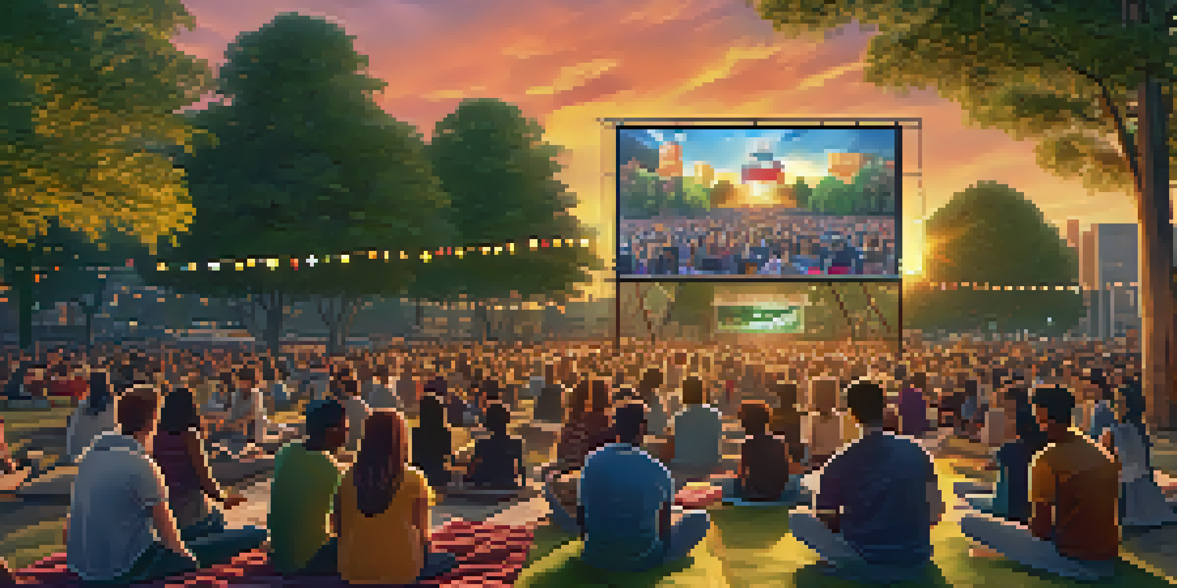 A lively outdoor movie screening with diverse attendees enjoying a vibrant animated film under a warm sunset.