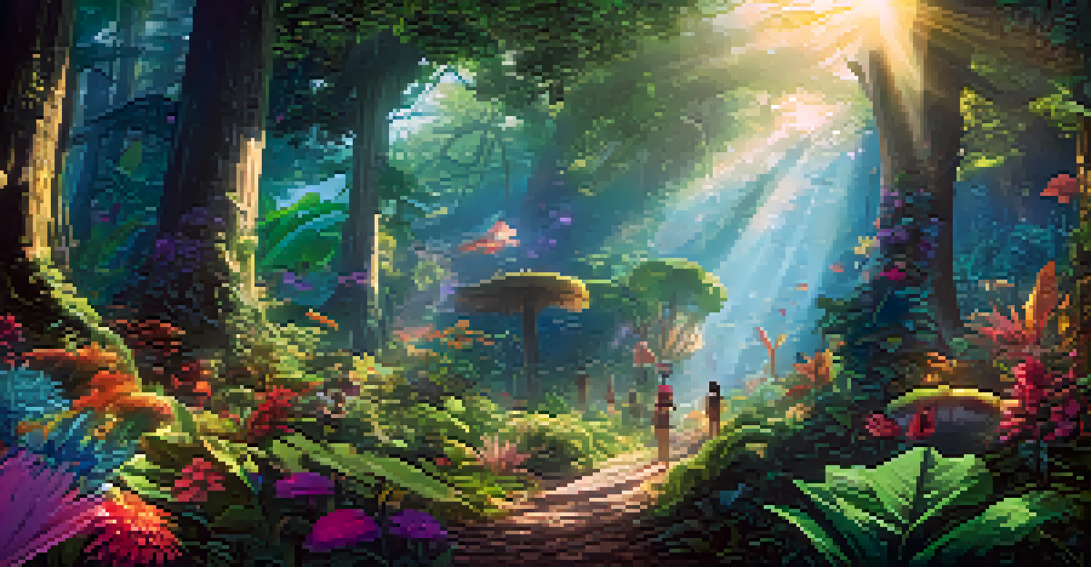 Characters exploring a colorful, digitally created forest in a virtual reality film.