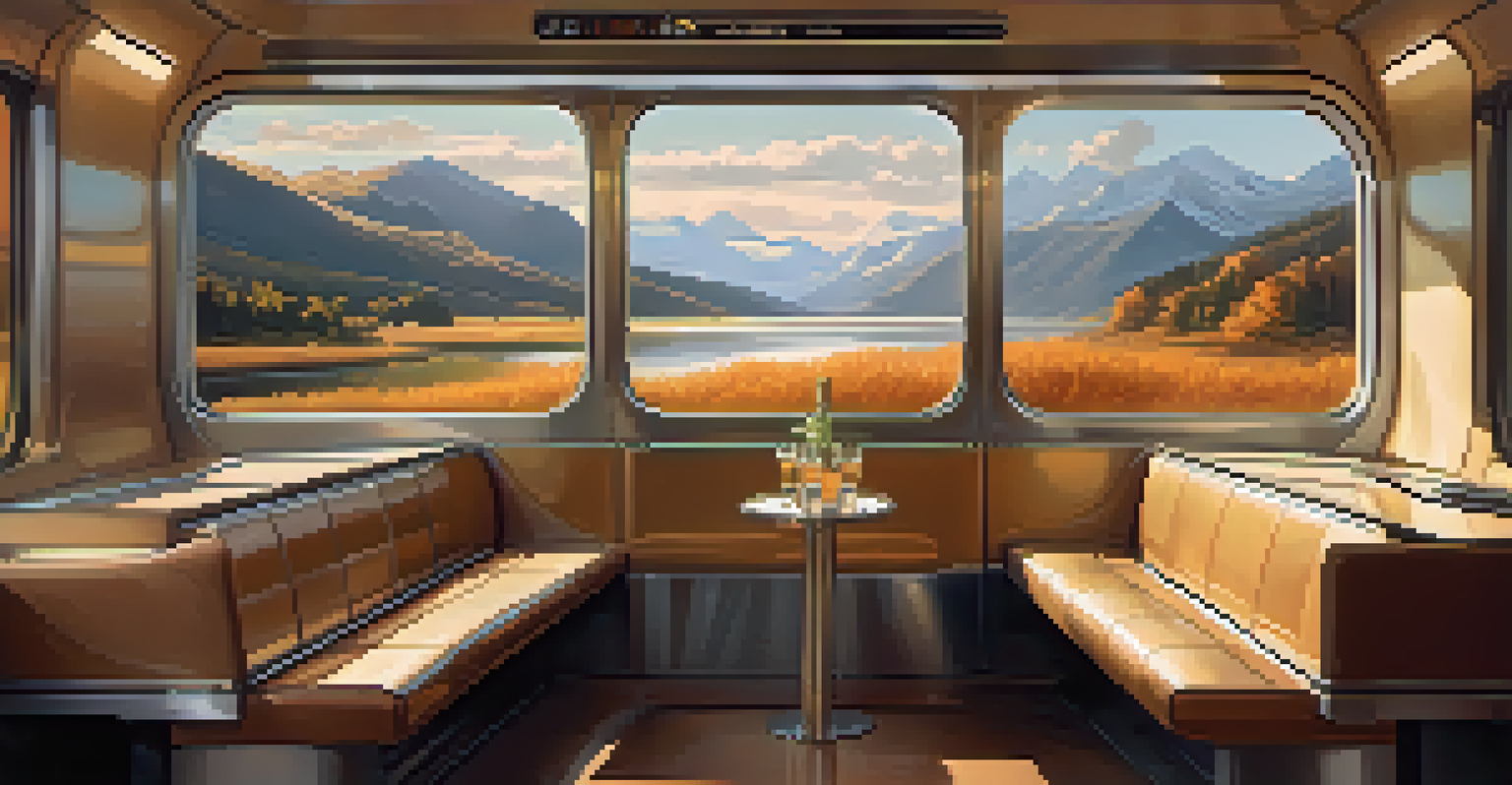 A couple inside a futuristic train, having a conversation while traveling through a scenic landscape.
