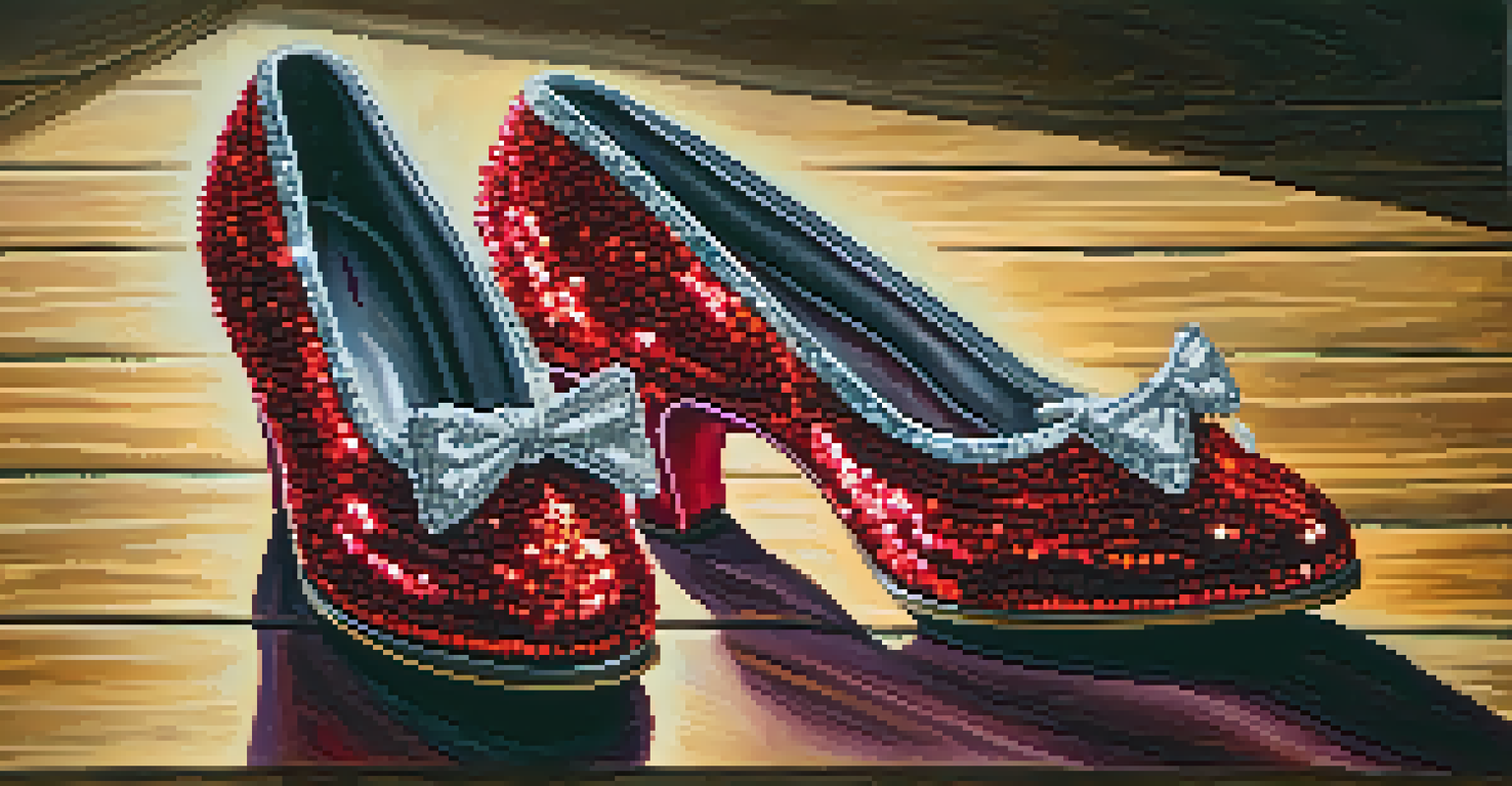 Vibrant ruby slippers adorned with sequins on a vintage wooden surface, captured in soft light against a dark velvet backdrop.