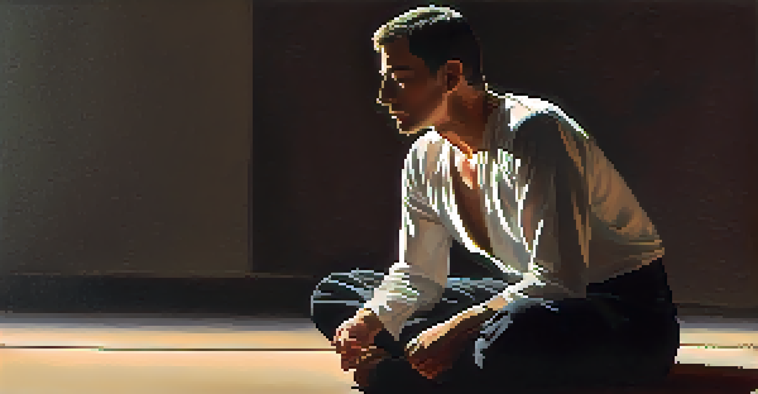 An actor backstage, practicing deep breathing and posture alignment in a dimly lit area, with a calm expression.