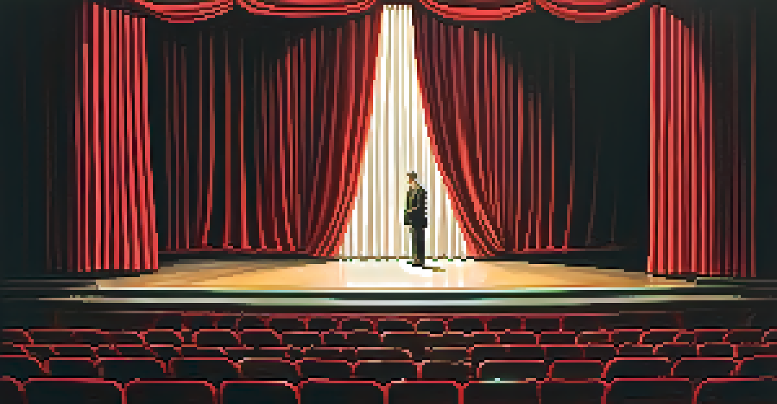 A theater stage with warm lighting, featuring a lone actor in an emotional moment and red curtains in the background.
