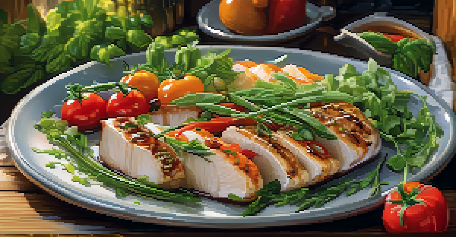 A close-up of a beautifully plated dish with fresh ingredients on a wooden table, showcasing appetizing colors and textures.