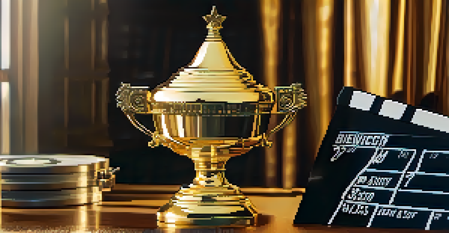 A close-up of a golden trophy with film reels and a clapboard in a softly blurred background, illuminated with warm light.